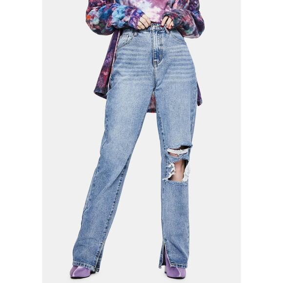 Momokrom Dolls Kill Slashed Knee Split Hem Hi Rise Denim Jeans Distressed Us 6 - Picture 2 of 9